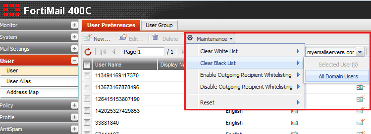 Fortimail clear black list all domain users.png