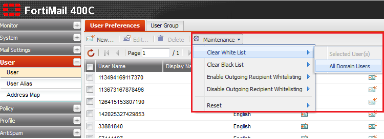 Fortimail clear white list all domain users.png